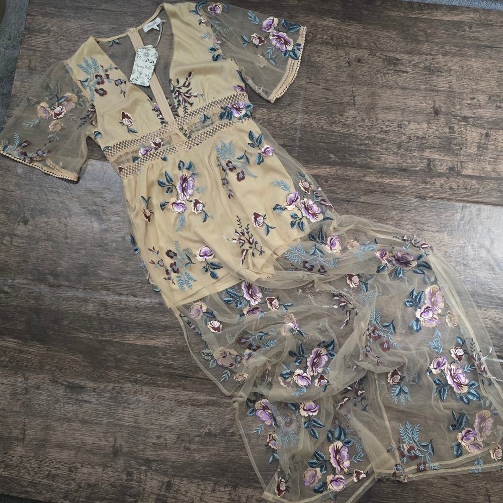 HONEY BELLE Violet‎ Maxi Dress Women S Beige NEW Floral Embroidered Sheer Romper